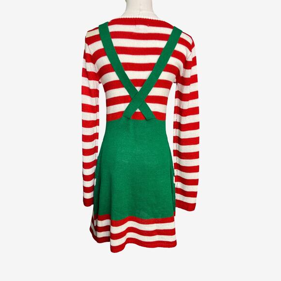Born Famous Christmas Sweater Dress Green Red Striped Candy Cane Bow Size M - Picture 6 of 8